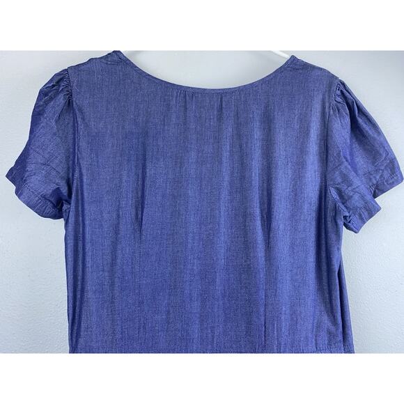 EShakti Sz M (10) Chambray Pintuck Puff SS Fit’N’Flare Black Trim Full Skirt Drs - Picture 7 of 14